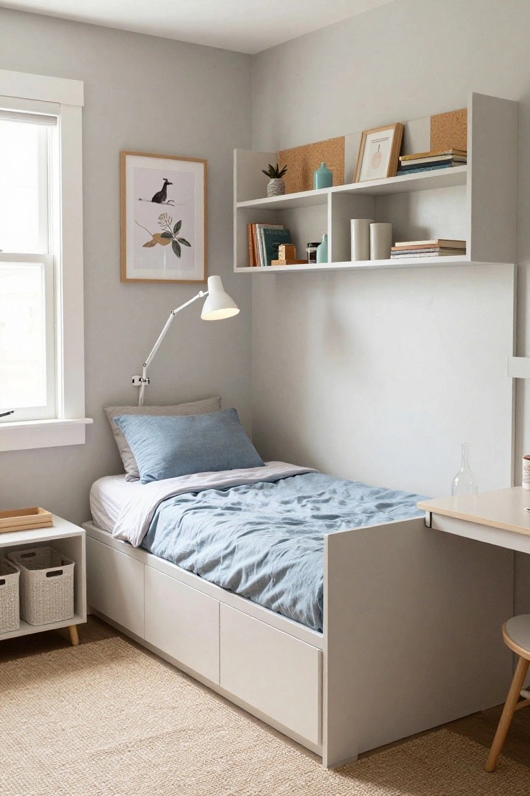 A small bedroom with light gray walls showing a white platform bed with blue bedding integrated with a side desk, under-bed drawers, floating shelves, a desk lamp, and a window.
