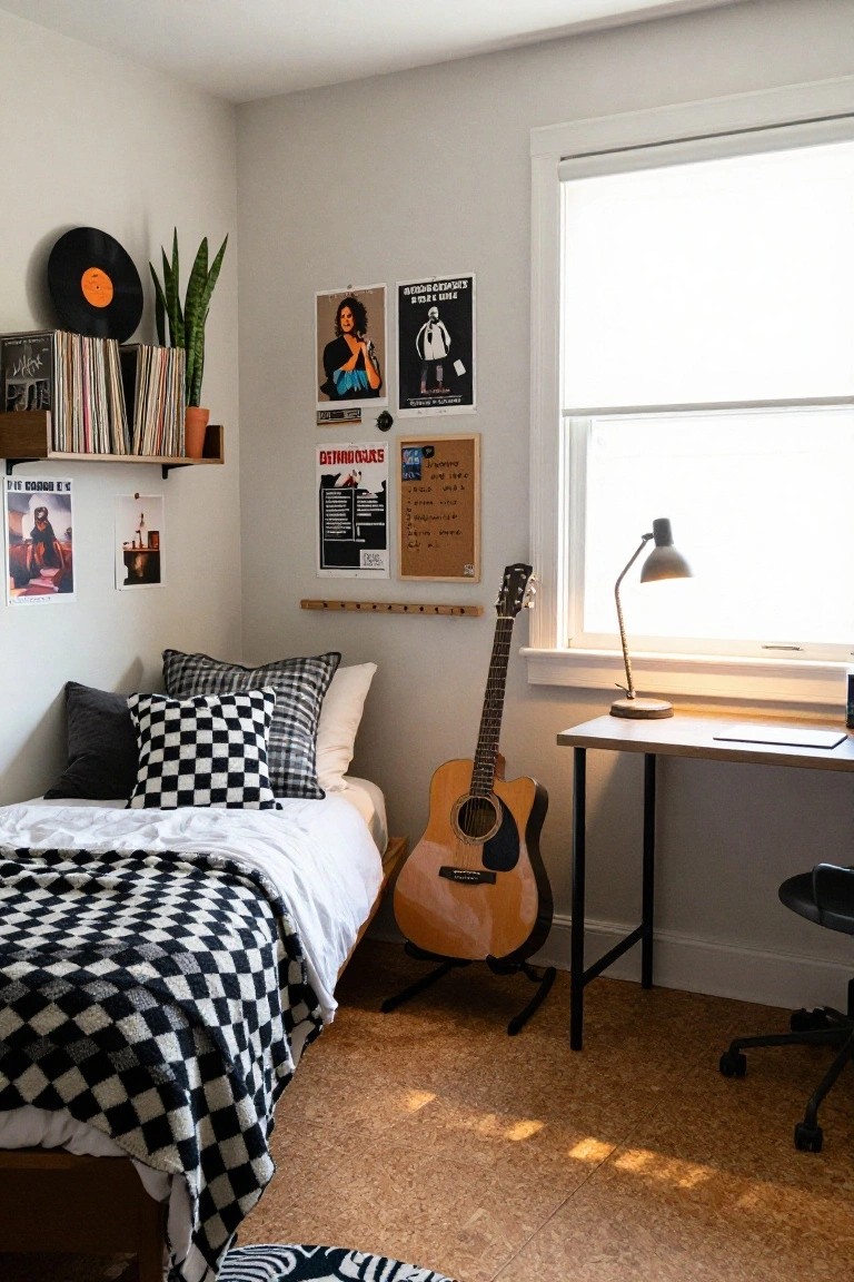 Cozy bedroom with checkered knit blanket on bed, acoustic guitar on stand nearby, floating wooden shelves holding stacked vinyl records and potted snake plant above bed, assorted music posters and bulletin board on walls, wooden desk with adjustable lamp, and cork flooring.