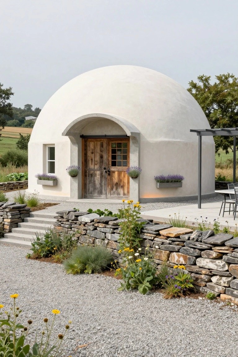 White curved monolithic dome structure with arched entryway featuring double wooden barn doors, lavender planters on either side, stone steps and retaining walls, gravel path, and surrounding plants in a rural setting.