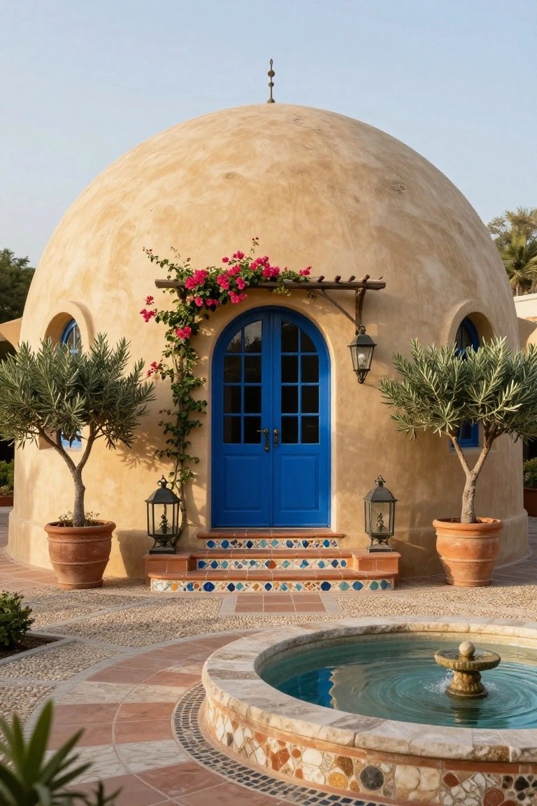 Beige rounded monolithic dome house exterior with turquoise blue arched double doors, flanked by olive trees in terracotta pots, climbing pink bougainvillea on a trellis, hanging and freestanding lanterns, colorful tiled steps, and a circular pebble-surrounded fountain in the foreground.