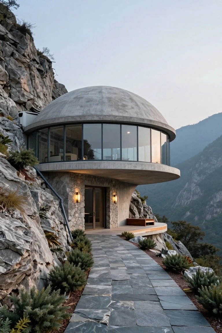 A gray concrete monolithic dome house with large curved glass windows cantilevered over a rocky cliff, featuring a stone pathway with plants leading to the entrance and mountains in the background.