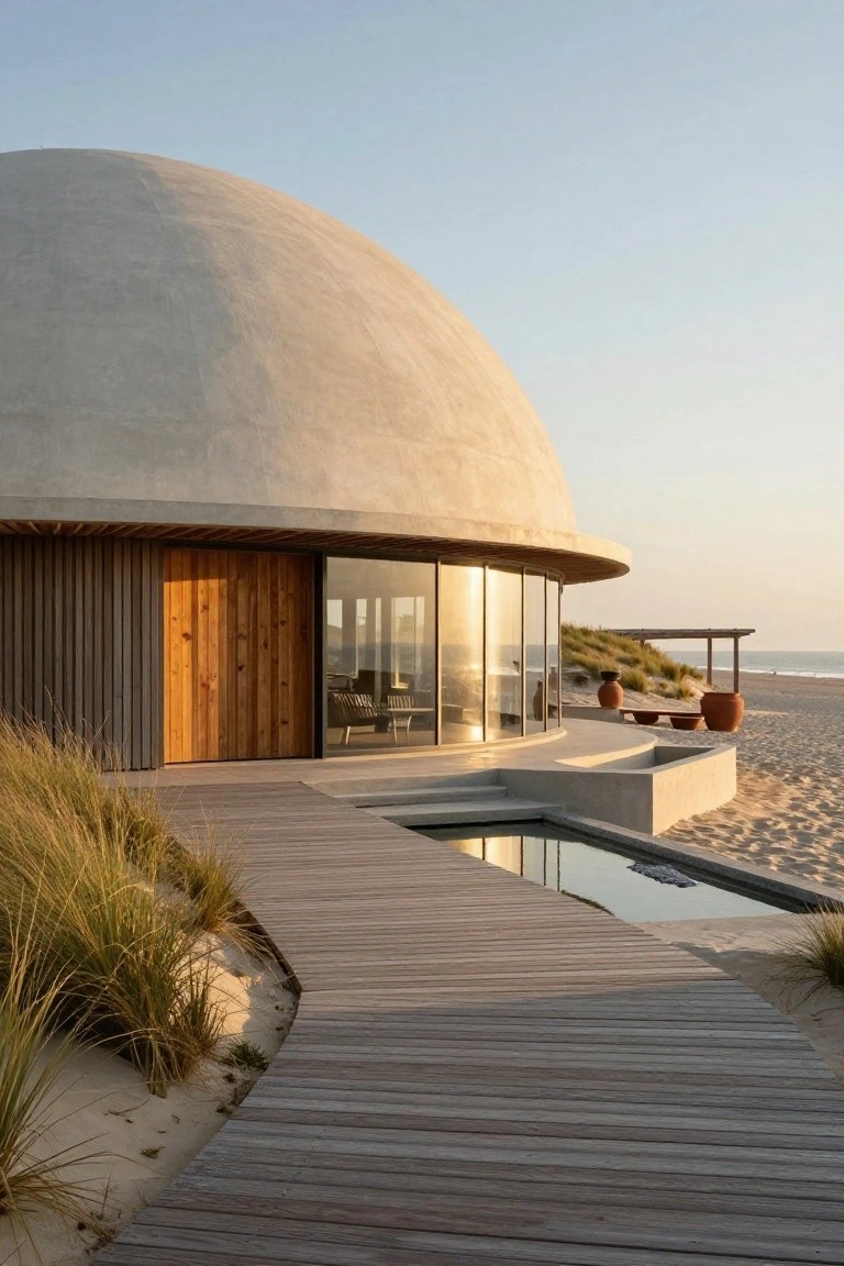 White curved monolithic dome house on a sandy beach with wooden siding entry, curved glass windows, boardwalk path, dune grasses, and terracotta pots.