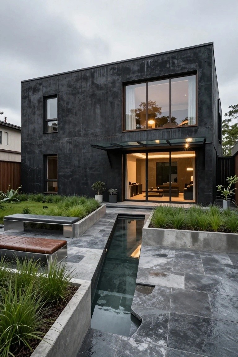 Modern black textured two-story house exterior with large glass windows and sliding doors, entry courtyard including a linear water channel, metal bench, and raised planters with grasses under cloudy sky.