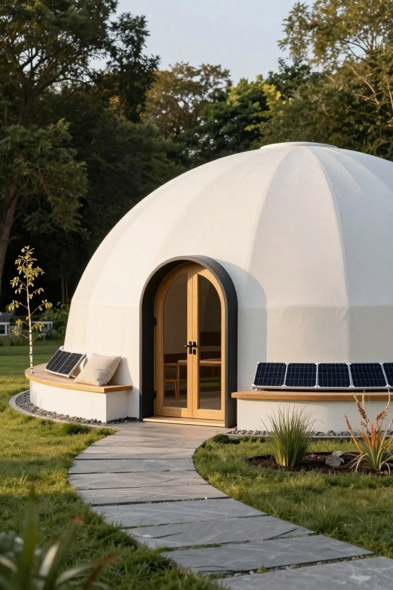 White curved dome home with arched wooden entry door, curved bench around the base holding solar panels on top, stone path leading to entrance, grass and plants surrounding it.