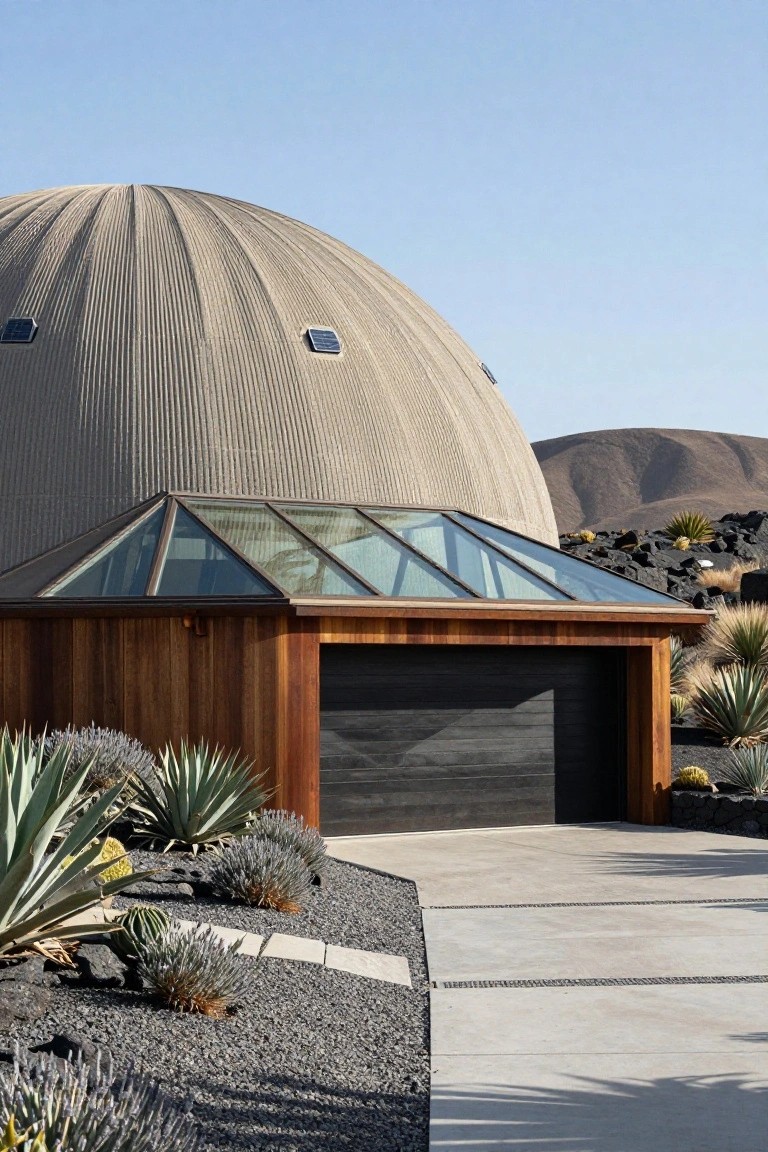 Beige ribbed monolithic dome attached to wooden garage pavilion with pyramid glass roof, dark garage door, agave plants, lava rock gravel, concrete driveway, and distant mountains in desert landscape.