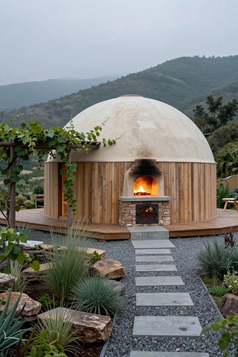 Beige curved monolithic dome structure with vertical cedar wood siding, integrated black wood-fired oven on stone base, wooden deck, gravel path with agave plants and grasses, set against misty mountains.