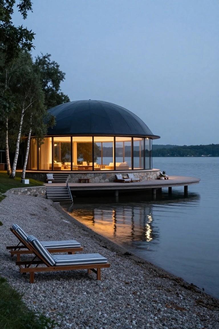Dark curved dome house with extensive glass walls on a stone plinth extending to a wooden dock over a lake at dusk, birch trees and lounge chairs on adjacent pebble beach.