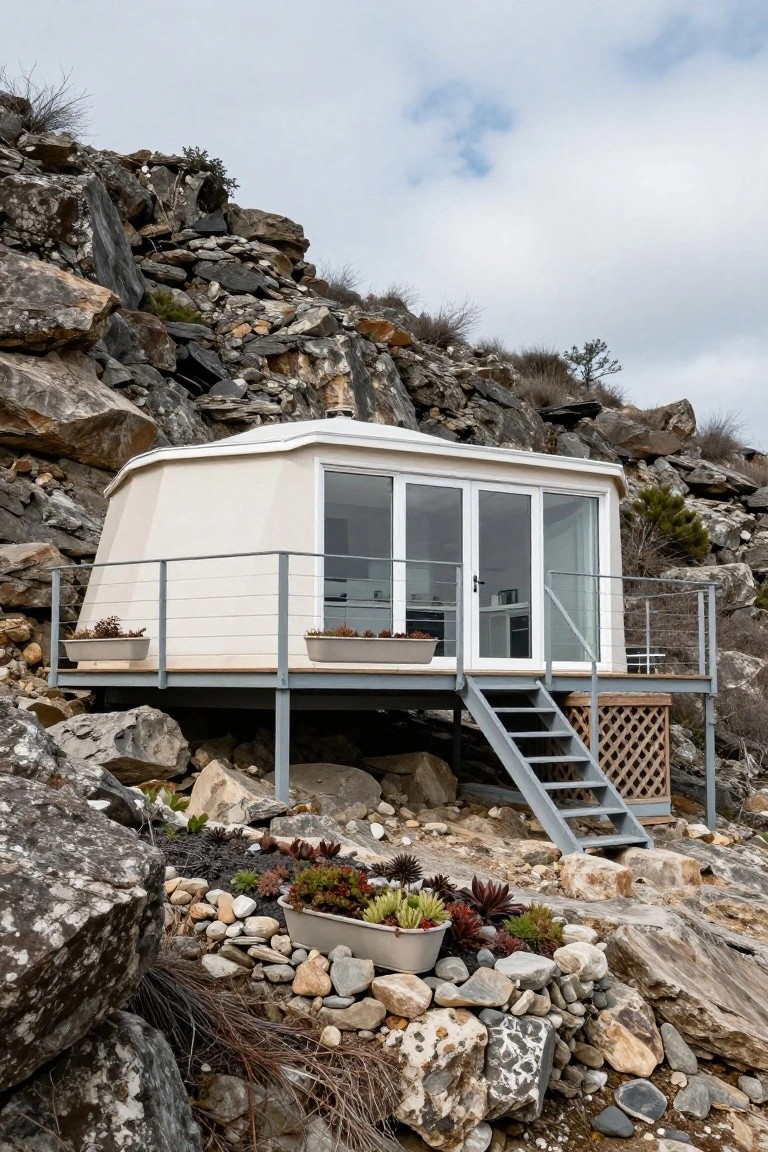White dome-shaped pod home elevated on a steel platform amid large rocks on a hillside, featuring glass sliding doors, metal railing, stairs, and potted succulents.