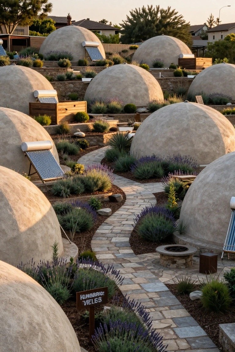 Cluster of beige monolithic dome homes partially bermed into a hillside with lavender plants, stone pathways, solar panels on roofs, wooden benches, and a central fire pit.