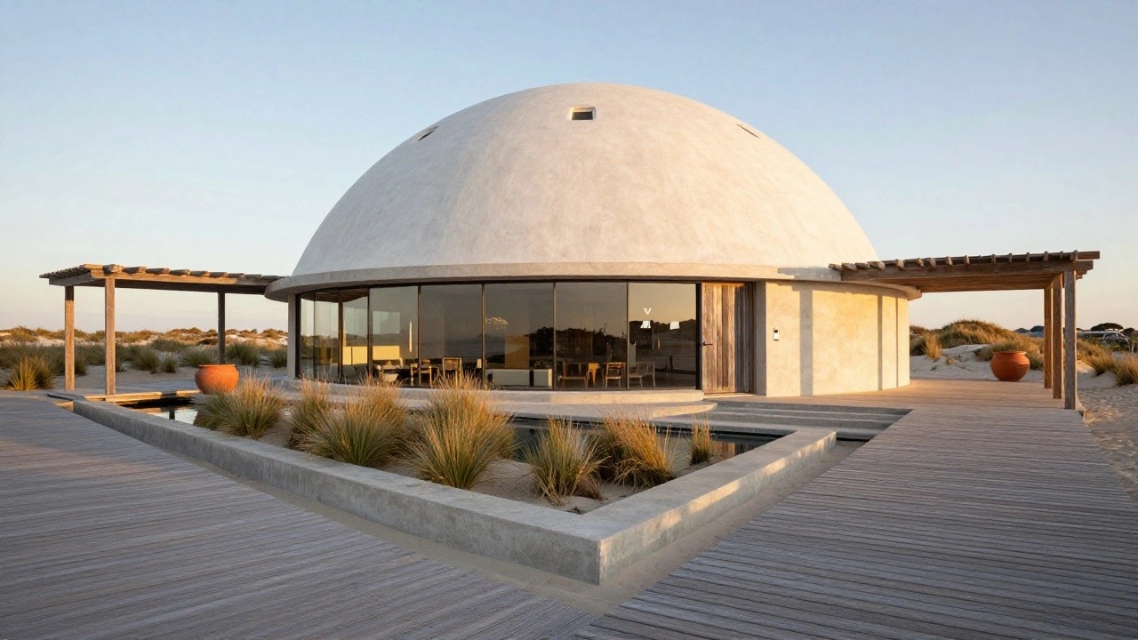 White curved monolithic dome house on a sandy beach with wooden siding entry, curved glass windows, boardwalk path, dune grasses, and terracotta pots.