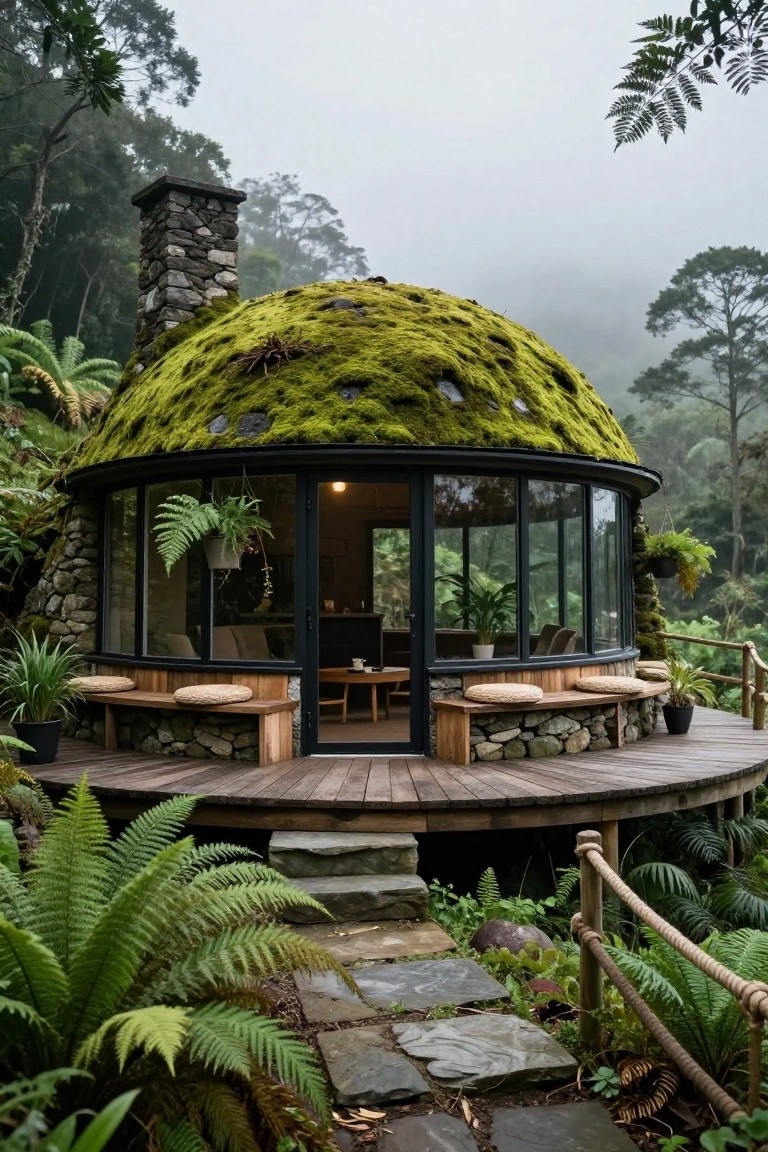 Round dome home with thick green moss covering the roof, stone chimney and base, large curved glass walls, wooden deck with benches, surrounded by ferns, trees, and misty rainforest.