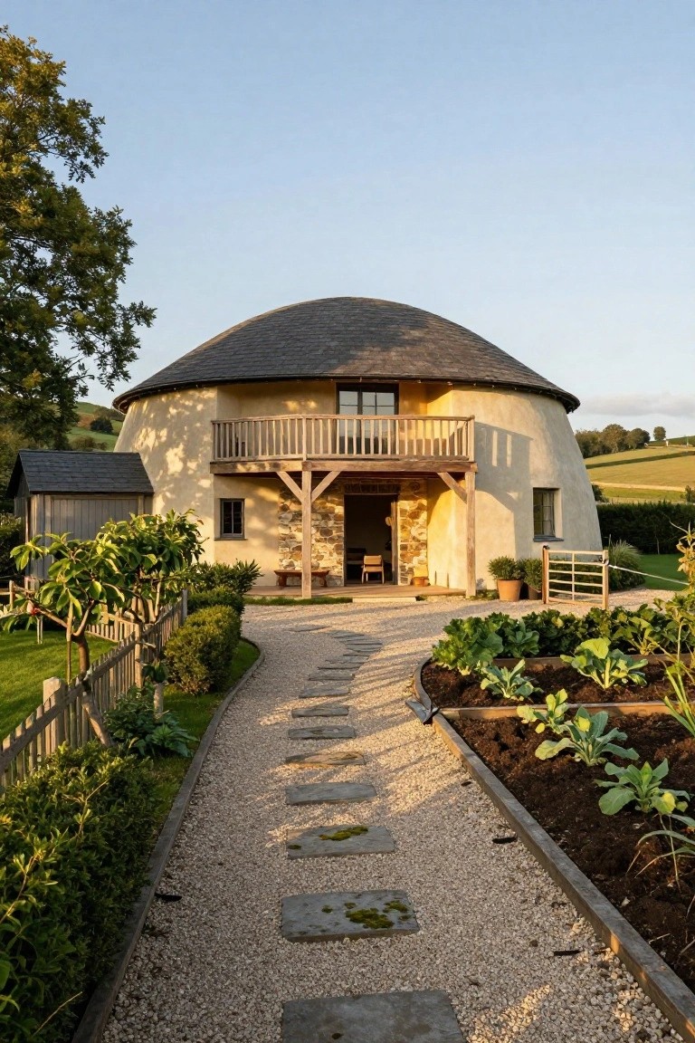 Beige circular monolithic dome house with dark curved shingle roof, wooden balcony and supports, open stone entrance, gravel path with stone steps, raised garden beds with vegetables, picket fence, trees, and rolling green fields in the background.