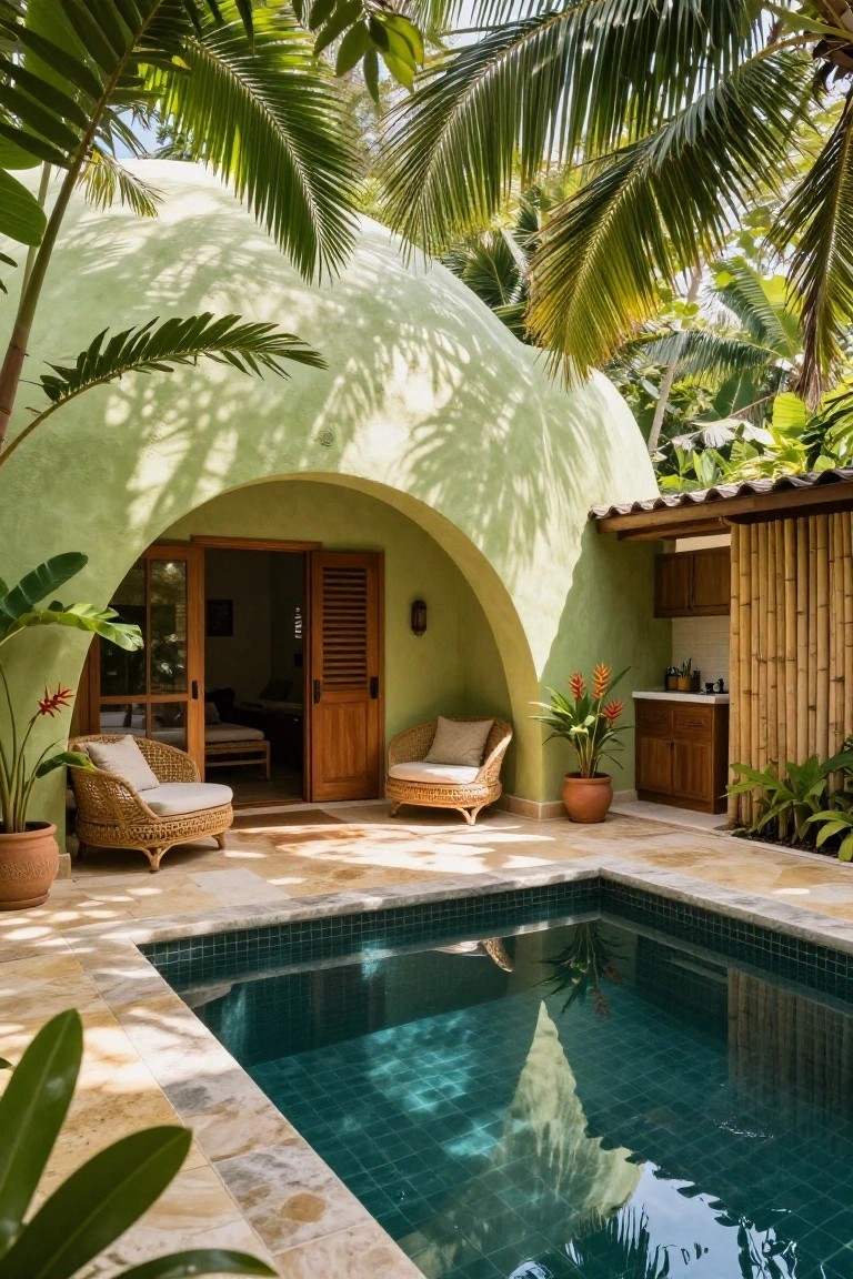Mint-green curved stucco dome home with open arched wooden doorway leading to a terrace with two rattan lounge chairs, potted plants, small rectangular green-tiled plunge pool, and bamboo bar cabinet amid tropical palms and foliage.
