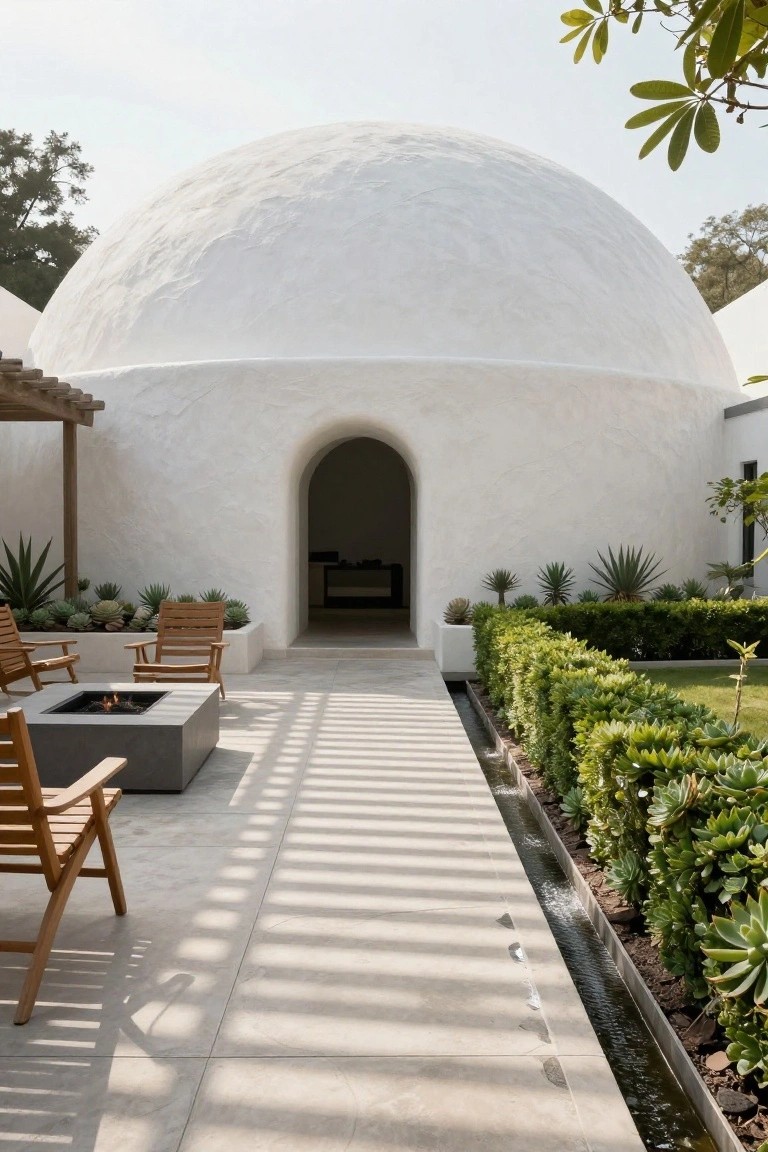 White curved stucco dome building with tall arched entry door, stone patio with Adirondack chairs around rectangular gas fire pit, shaded walkway, boxwood hedges, succulents, and water channel leading to the entry.