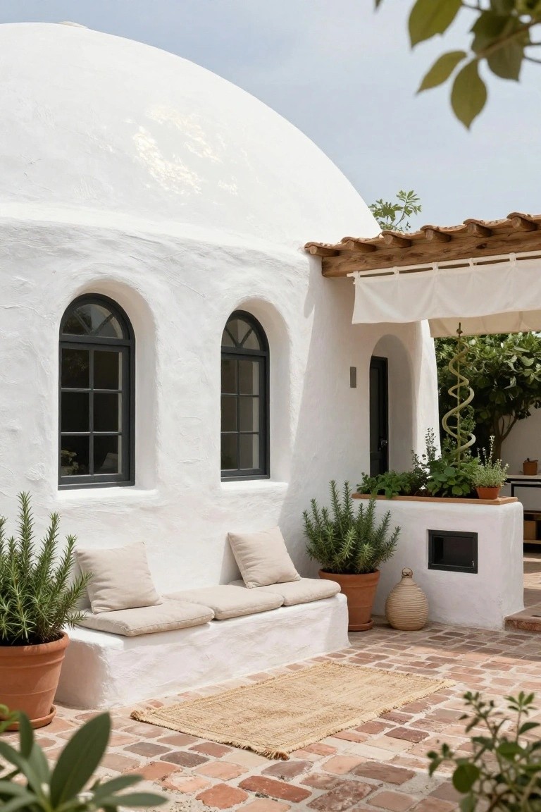 White rounded stucco dome house exterior with two black-framed arched windows, built-in bench with beige cushions, potted rosemary plants, and terracotta paver patio.