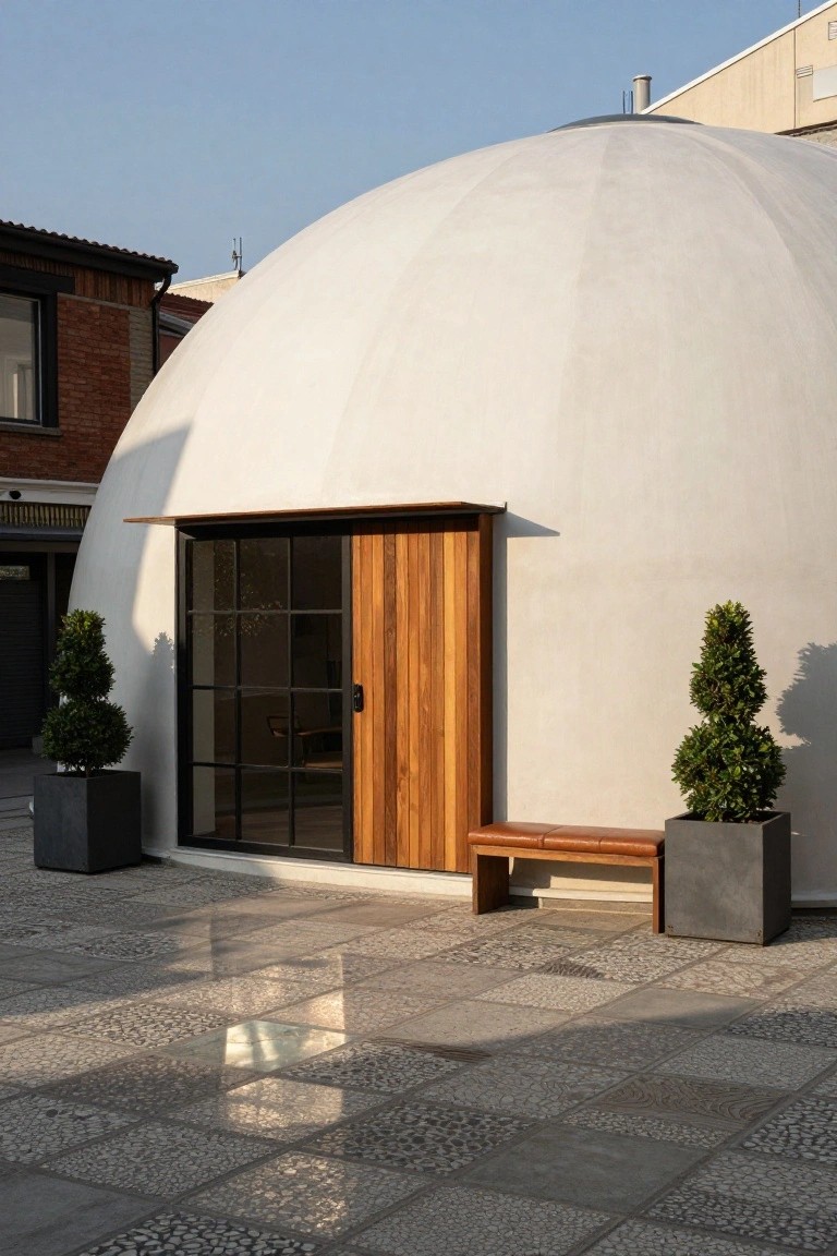 White curved monolithic dome structure with a sliding wooden door featuring black-framed glass panels, a wooden bench, and two potted topiary trees on a pebble-tiled patio area.