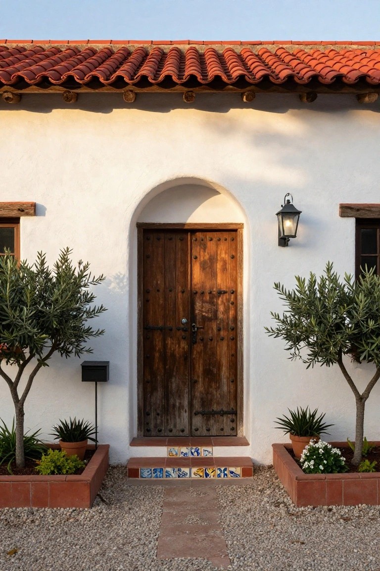 White stucco hacienda house facade with red barrel tile roof, arched wooden front door with iron hardware, black lantern light, flanking olive trees, potted plants, and colorful tiled steps leading to gravel path.