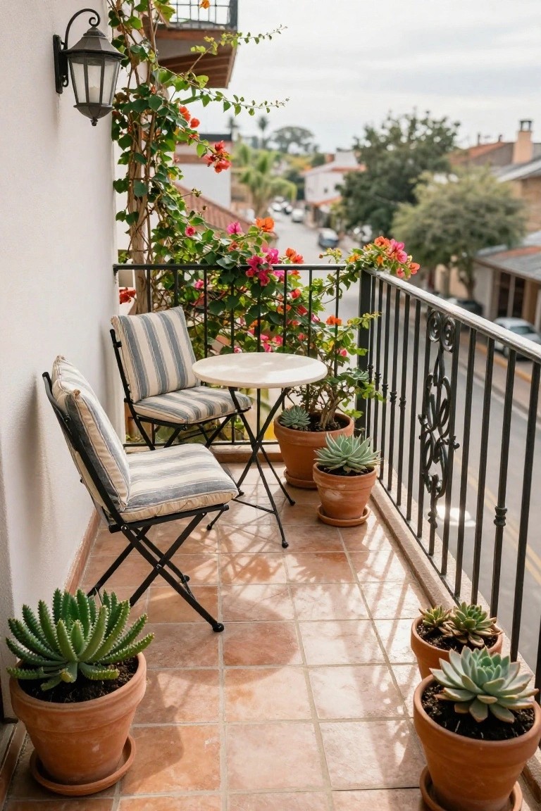 Narrow outdoor balcony with white stucco wall, black wrought iron railing, two folding chairs with beige striped cushions around a small white round table, terracotta pots holding succulents and climbing bougainvillea, overlooking a street with trees and buildings.
