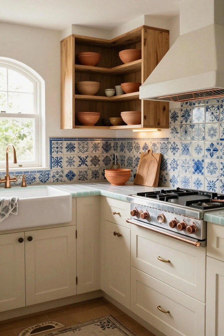 Corner of a kitchen featuring a white farmhouse sink, copper faucet, blue and white patterned tile backsplash, wood open shelving with terracotta bowls, creamy cabinets, and a copper-accented gas range.