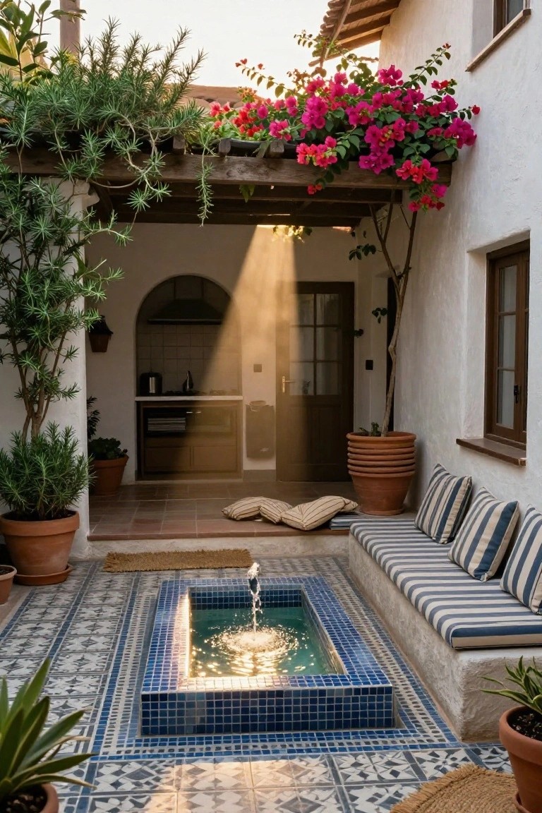 Hacienda-style courtyard with a central square blue-tiled fountain bubbling water, built-in bench seating with striped cushions, potted plants, and an arched doorway opening to a kitchen.