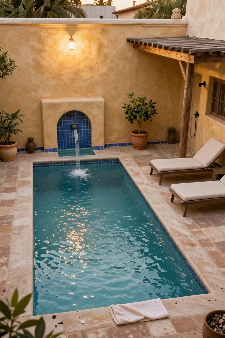 Small rectangular turquoise pool with water flowing from a blue-tiled arched fountain, flanked by lounge chairs on terracotta pavers, potted plants, and adobe walls in a hacienda-style courtyard at dusk.