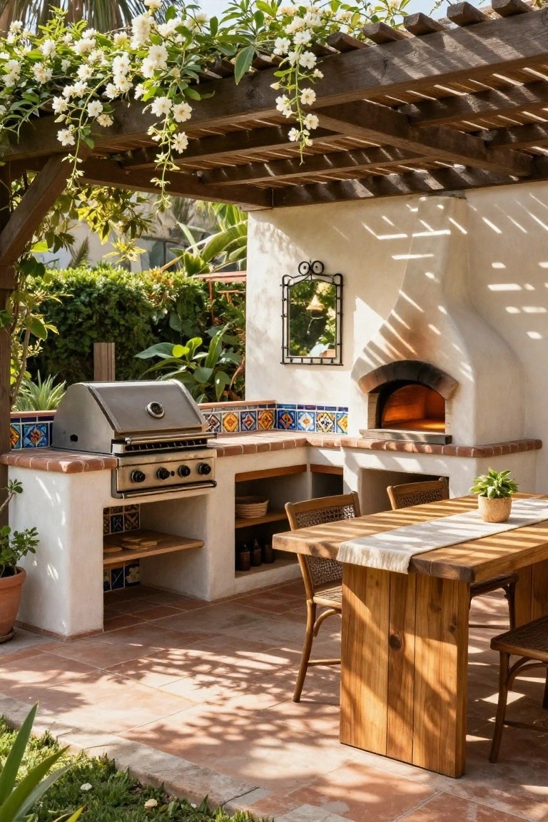 Hacienda-style outdoor patio with white stucco kitchen island featuring gas grill, wood-fired oven, colorful tile backsplash, open shelving, wooden dining table, woven chairs, potted plants, under vine-covered wooden pergola on terracotta pavers surrounded by greenery.
