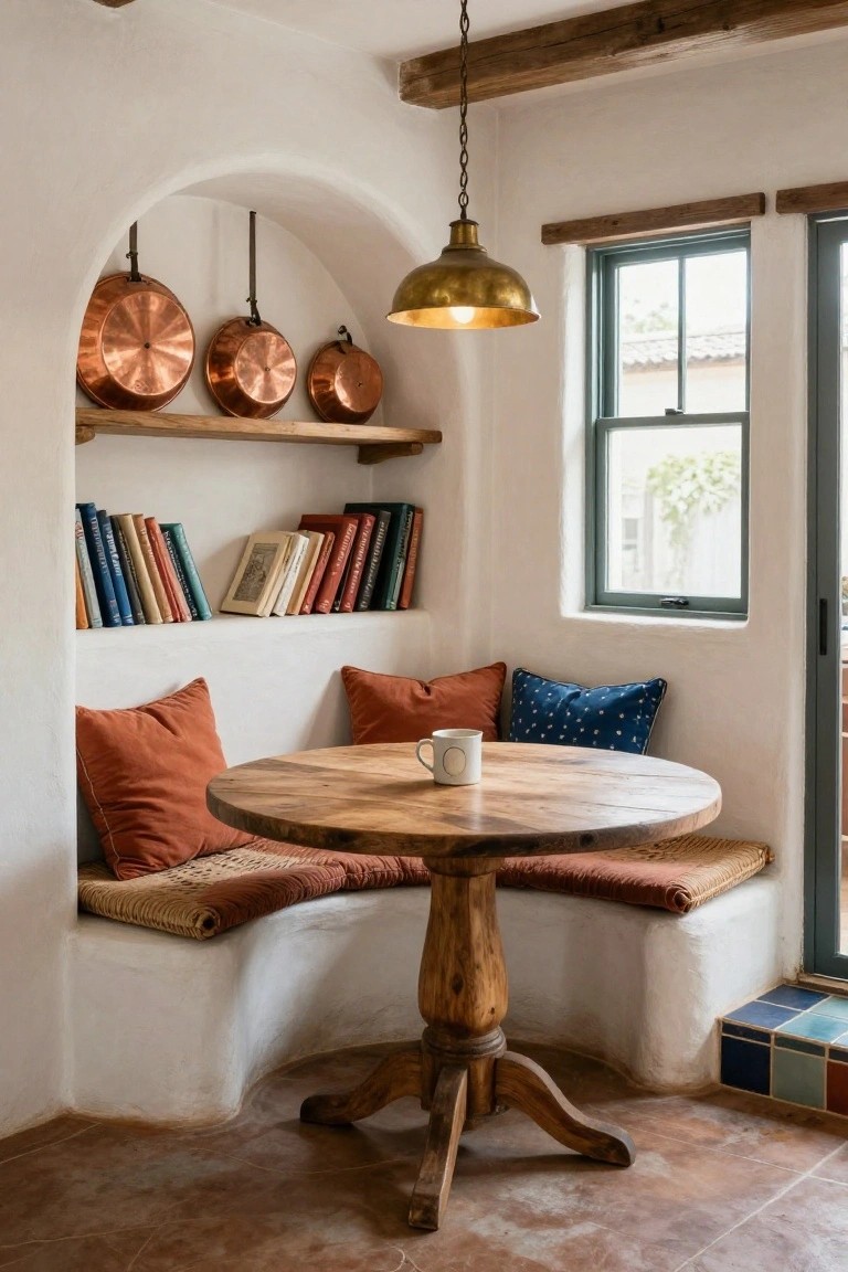 Indoor corner nook with white adobe walls, built-in cushioned bench seating around a round wooden pedestal table, wooden shelves displaying copper pots and books in an arched niche, brass pendant light, and window with greenery outside.