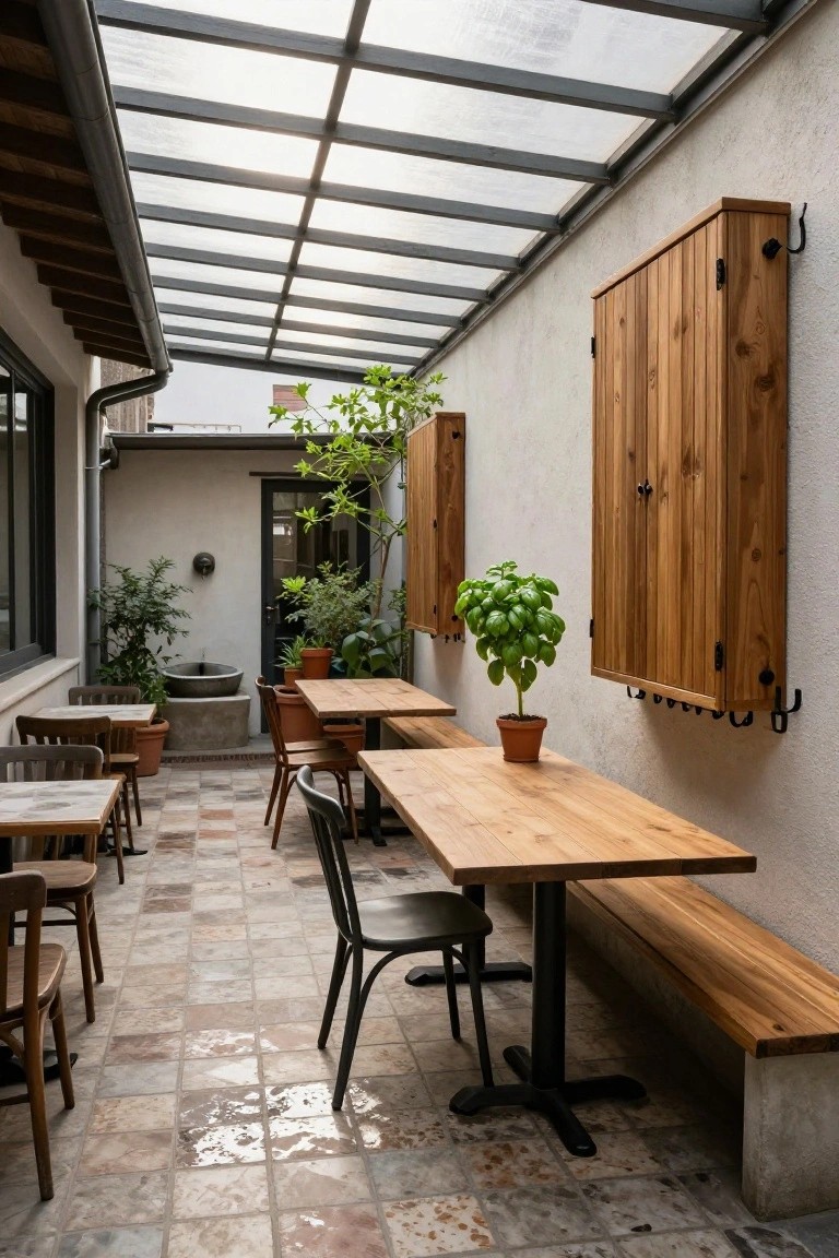 Narrow covered hacienda-style courtyard with terracotta tile floor, wooden tables and chairs, long bench against white wall with wooden shutters and hooks, potted plants, stone fountain, and glass roof.