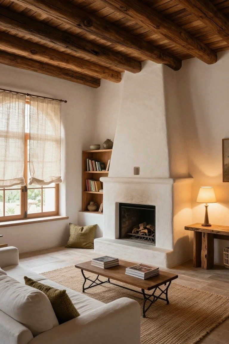 Hacienda-style living room interior with dark exposed wooden beam ceiling, white stucco walls, tall stone fireplace with built-in wooden shelves, white sofa with green pillows, wooden coffee table on a rug, and arched window with sheer linen curtains.