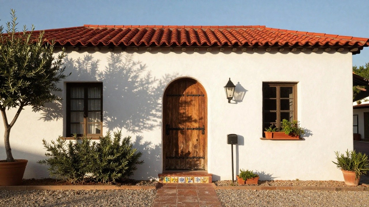 White stucco hacienda house facade with red barrel tile roof, arched wooden front door with iron hardware, black lantern light, flanking olive trees, potted plants, and colorful tiled steps leading to gravel path.