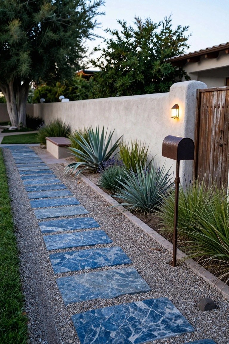 Side yard pathway of large irregular blue stone slabs set into gravel, bordered by agave, lavender, and grasses next to a stucco wall, wooden gate, and rusty mailbox.