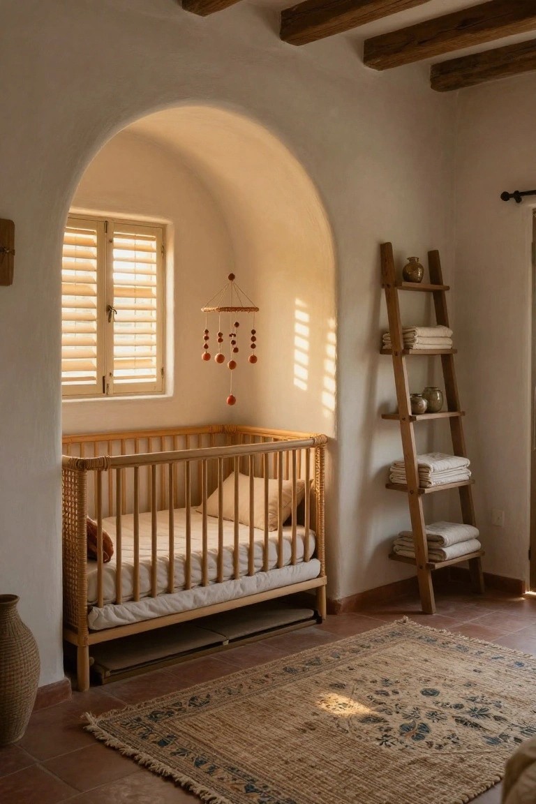 Hacienda-style nursery interior with wooden crib, leaning ladder shelf holding folded linens and metal pots, arched window with wooden mobile, and terracotta tile floor with woven rug.