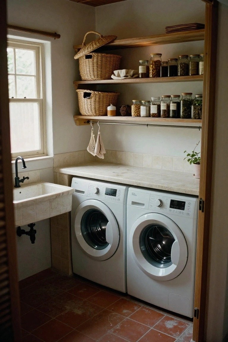 Compact interior laundry room with two white front-loading washers and dryers, a white stone farmhouse sink, wooden open shelves holding woven baskets and glass jars of spices and nuts, hanging dish cloths, a small potted plant, and red terracotta tile floor viewed from the doorway.