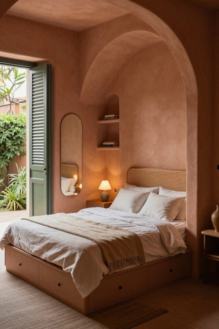 Interior of a small bedroom with terracotta arched walls and ceiling, wooden platform bed with drawers and rattan headboard, white bedding, oval mirror, wall niches with books, lamp on side table, open green shutters revealing garden outside.