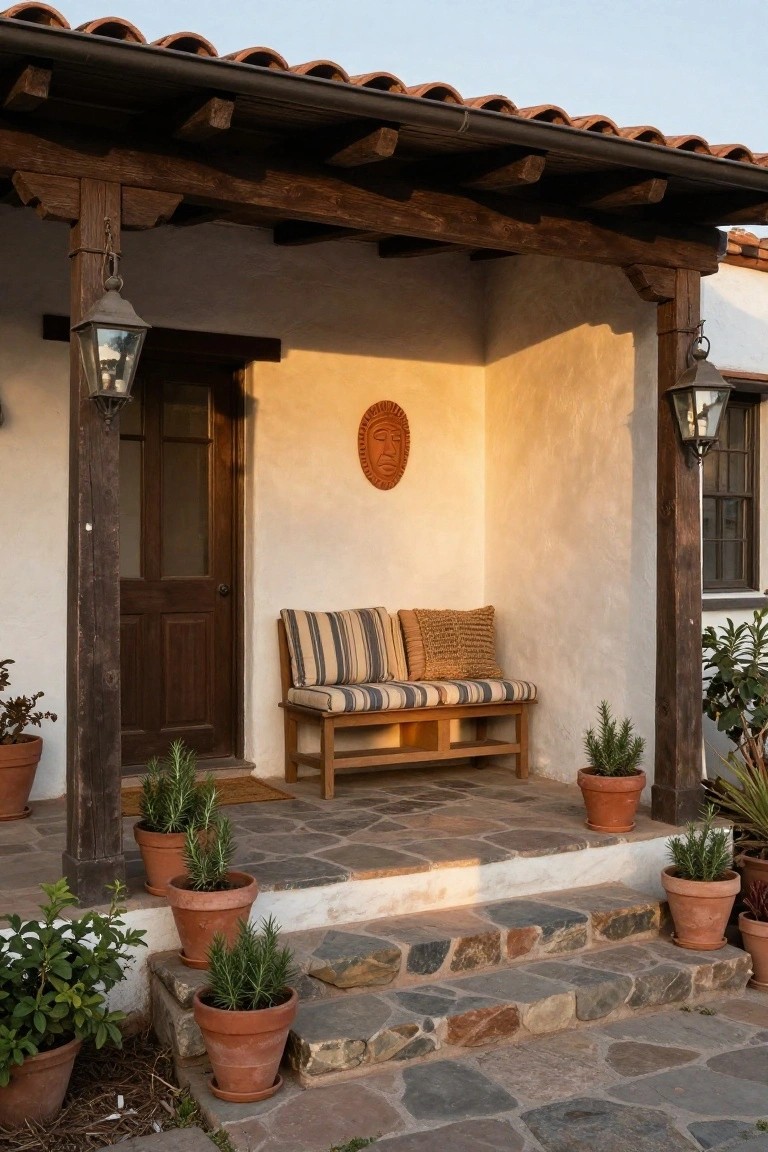 Hacienda-style front porch with white stucco walls, wooden beams and posts, a cushioned bench, potted rosemary plants, hanging lanterns, a wooden door, and stone steps leading down to a pebble path.