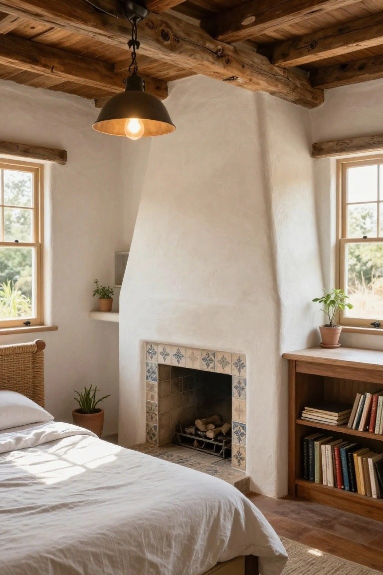 Sunlit hacienda-style bedroom interior with white plaster walls, exposed dark wooden ceiling beams, tall chimney breast featuring a blue-tiled fireplace and adjacent wooden bookshelves with stacked books, rattan bed frame with white linens, potted plants, and saltillo tile floor.