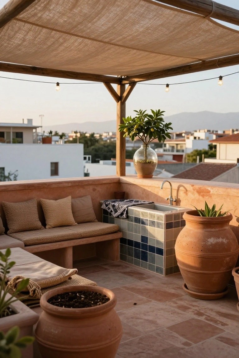 Rooftop terrace with beige cushioned bench seating, blue and white tiled outdoor sink, terracotta plant pots, shaded bamboo canopy, string lights, and distant mountain views.