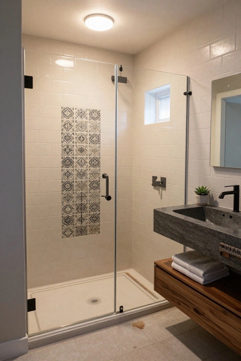 Small bathroom interior with glass shower enclosure featuring vertical strip of dark geometric patterned tiles on white subway tile wall, floating black stone sink, wood shelf holding white towels, potted succulent, and black faucet.