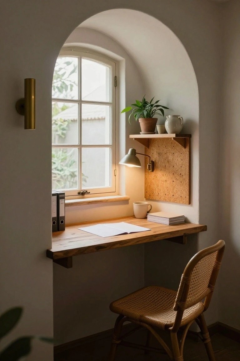 Arched window alcove with built-in wooden desk, desk lamp on corkboard shelf, potted plant, white teapot, books, and rattan chair below.