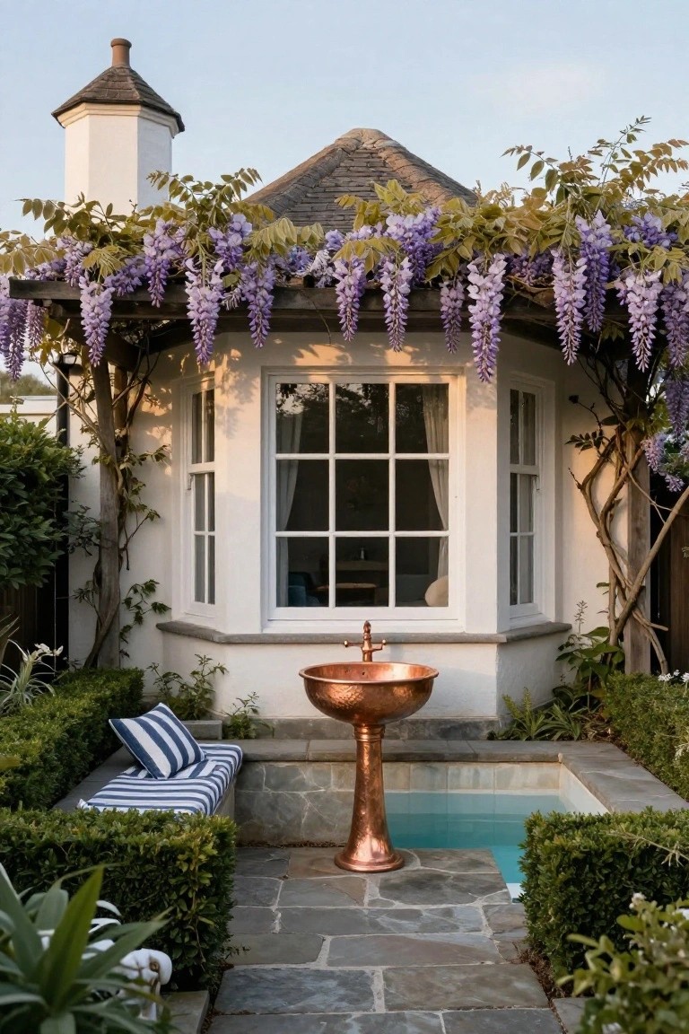 White cottage wall with wisteria vines and bay window overlooking a turquoise plunge pool, copper pedestal fountain, blue-striped bench on stone paving, and surrounding boxwood hedges.