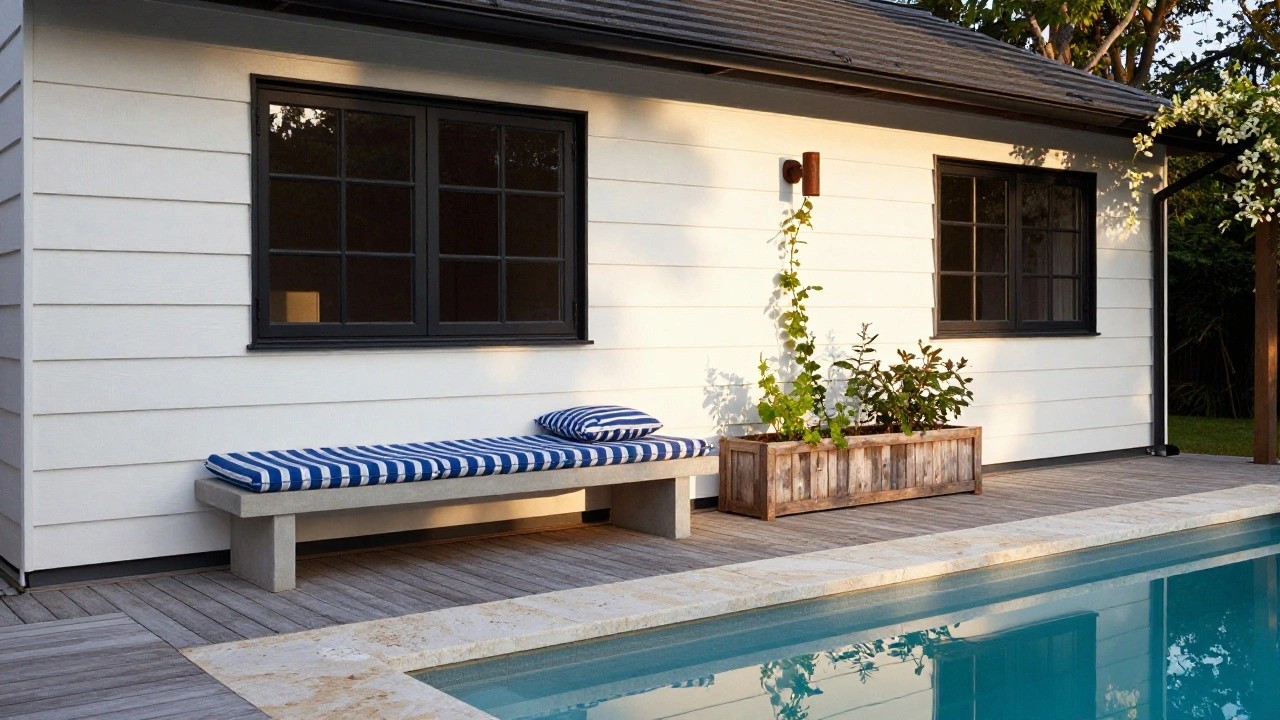 White clapboard pool house with black-framed windows and sliding door beside a turquoise pool, wooden pergola draped in white flowering vines, copper wall lantern, blue striped cushions on concrete bench flanked by wooden planters, and deck with stone coping.