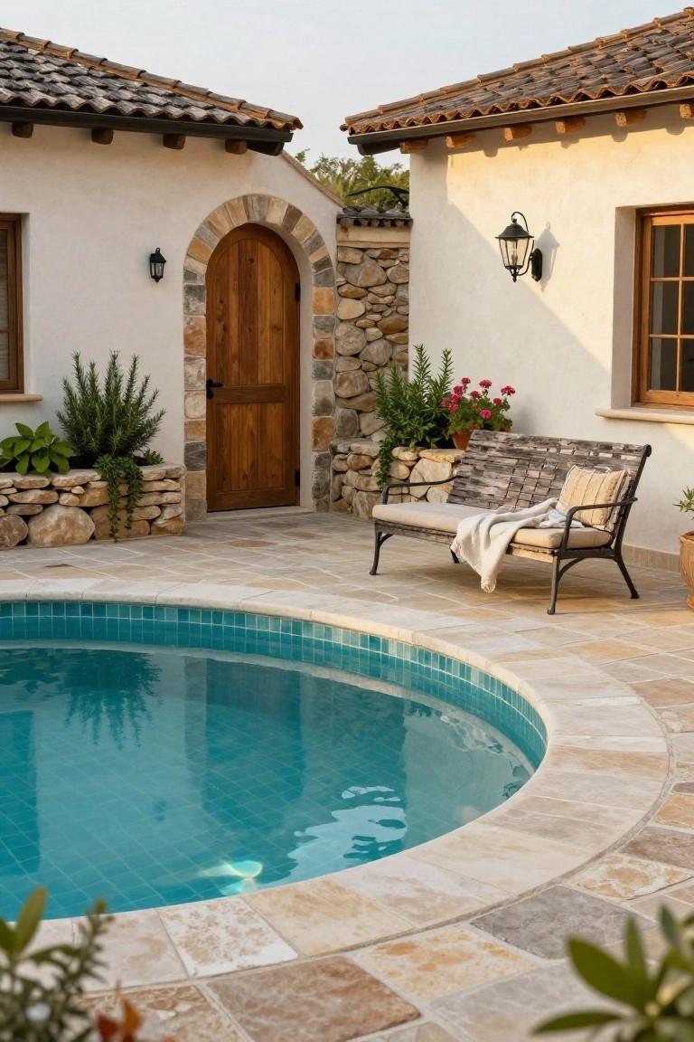 Curved turquoise-tiled pool in a beige stone-paved courtyard with a wooden bench nearby against white stucco walls, arched door, lanterns, and potted plants.