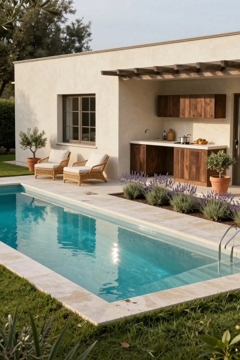 White stucco house exterior with wooden cabinet outdoor kitchen under pergola beside rectangular turquoise pool, rattan lounge chairs, potted olive trees, and lavender plants along the pool deck.