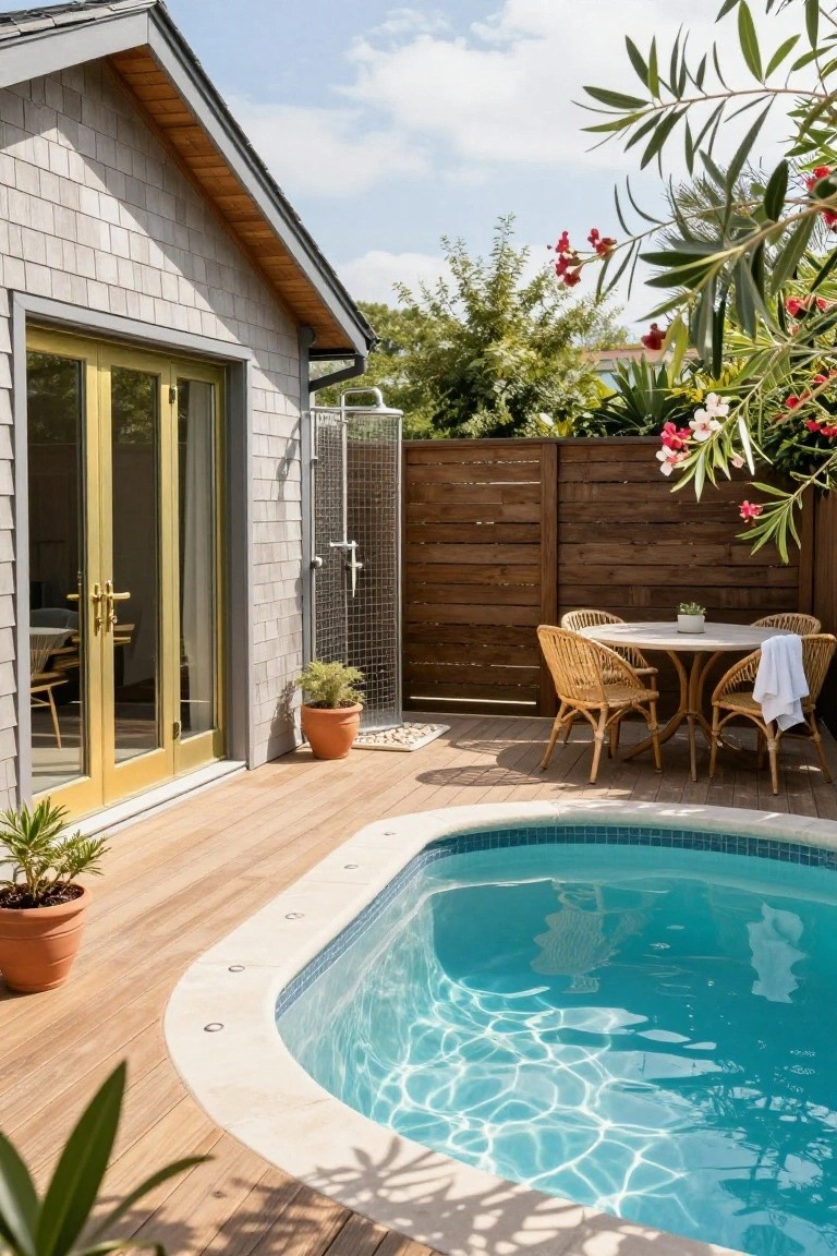 Corner of a modern shingled house with yellow French doors opening to a light wood deck that wraps around a small curved turquoise pool, featuring a wire outdoor shower enclosure, potted plants, wicker dining table with chairs, and wooden fence with greenery.