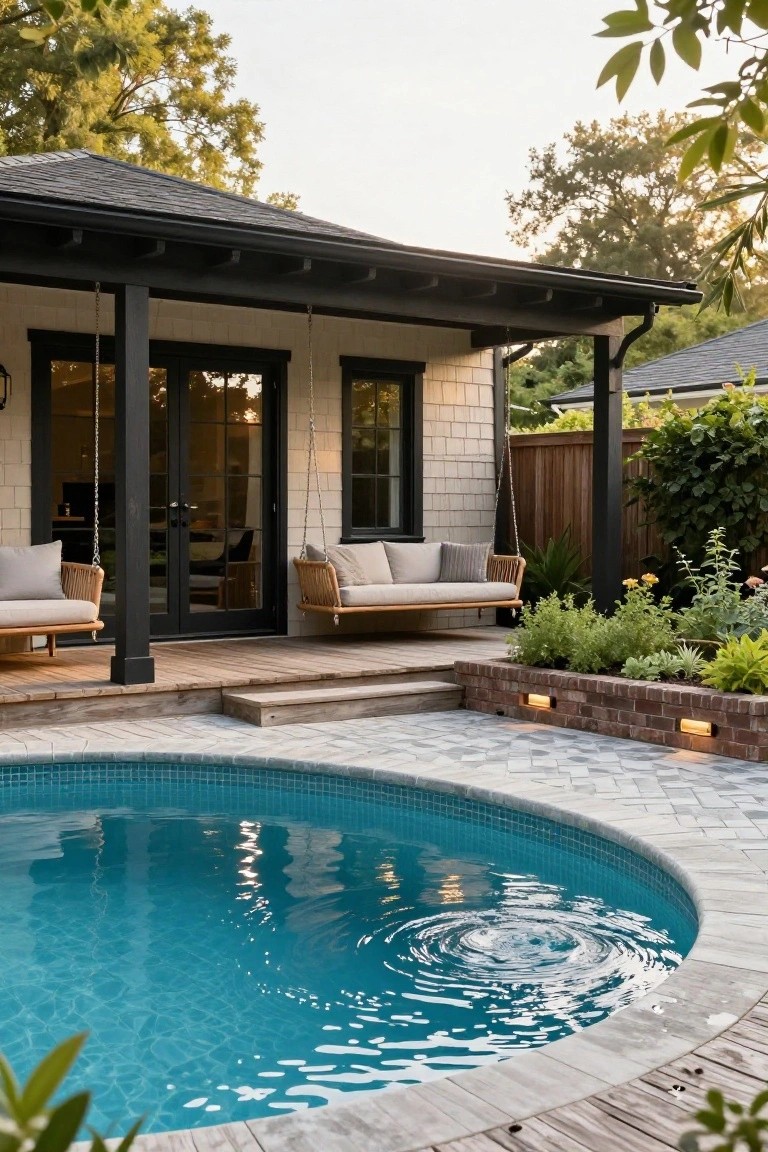 A small white cottage with black trim and a covered porch holding two hanging rattan swing seats with cushions, overlooking a curved turquoise pool edged in brick and tile, with plants and a wooden deck nearby.