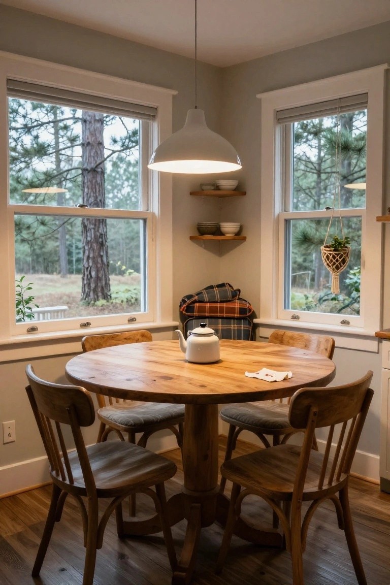 Kitchen corner with round wooden table, four wooden chairs, white teapot and napkin on table, pendant light overhead, shelves holding bowls, potted plant, and large windows showing pine forest outside.