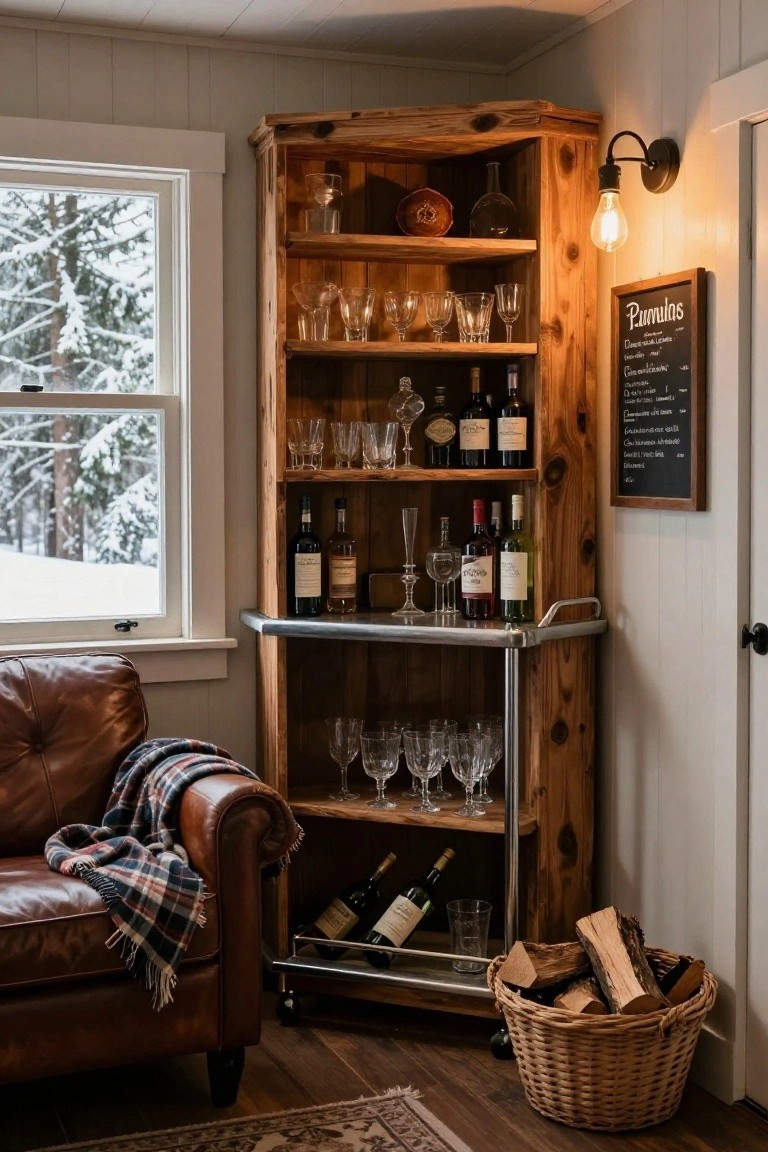 Corner of a room featuring a tall rustic wooden bar cabinet stocked with liquor bottles and glassware, a rolling metal cart, leather armchair with plaid blanket, firewood basket, and window showing snowy forest outside.