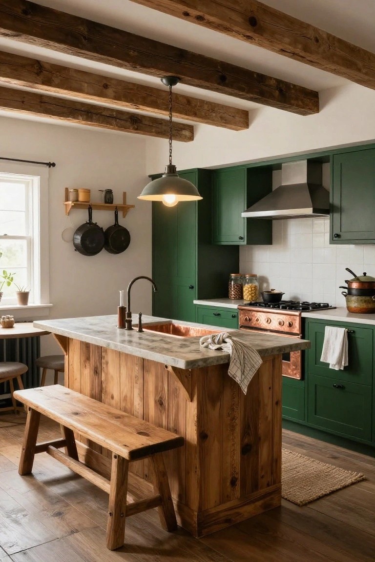 Rustic kitchen interior with wooden island and bench seating, green cabinets, copper sink and range, exposed beam ceiling, and hanging pots on wall rack.