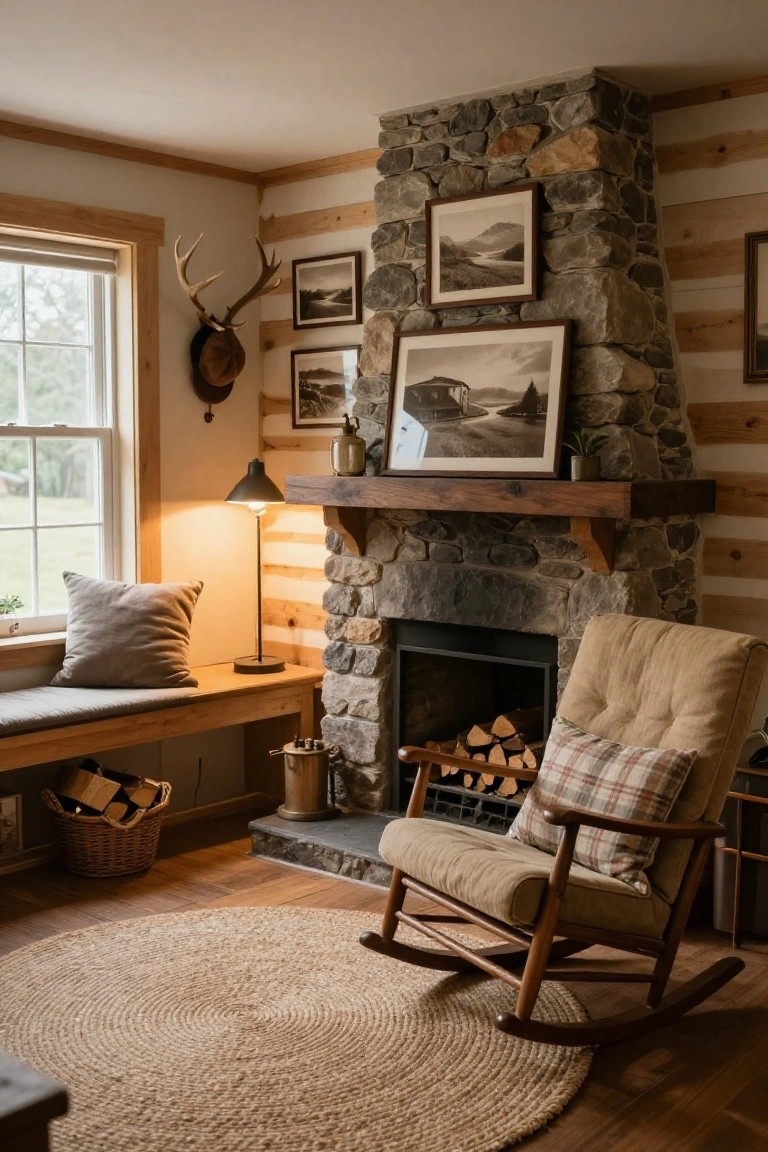 Log cabin interior with tall stone fireplace, wooden mantel, window seat with gray cushion, tan rocking chair on round seagrass rug, and mounted deer antlers on wall.