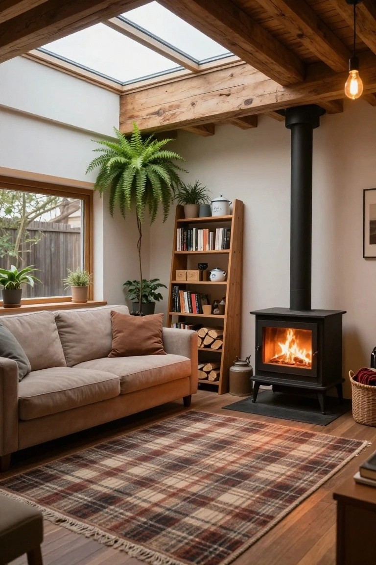 Rustic living room interior with freestanding black wood-burning stove lit with fire, beige sofa on plaid rug, wooden bookshelves, potted plants, exposed timber ceiling, skylight, and chimney pipe.